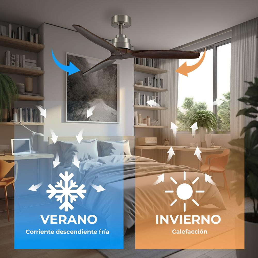 Dormitorio con ventilador de techo. Verano: aire frío hacia abajo, invierno: calefacción. Secciones azul y naranja. Cama, escritorio y ventana visibles.