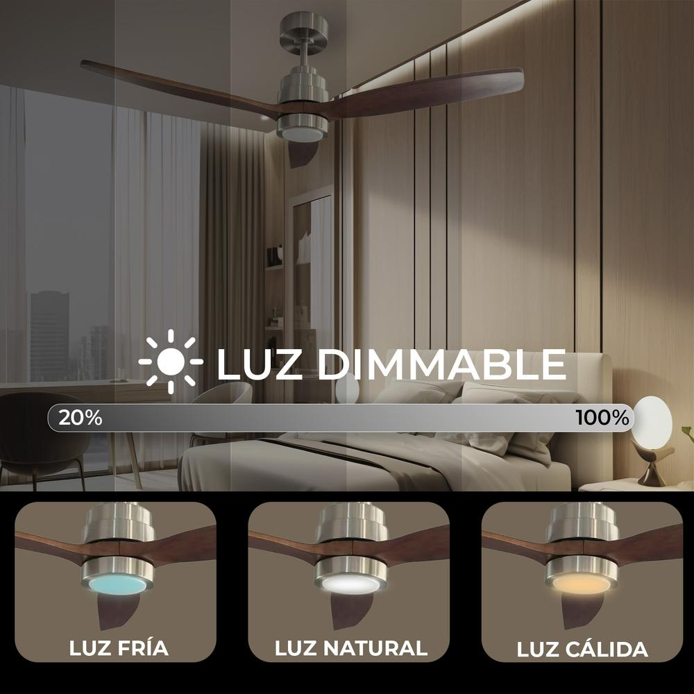 Ventilador de techo con aspas de madera. Texto: Luz Dimmable, 20% a 100%. Abajo, diferentes colores de luz: fría, natural y cálida.
