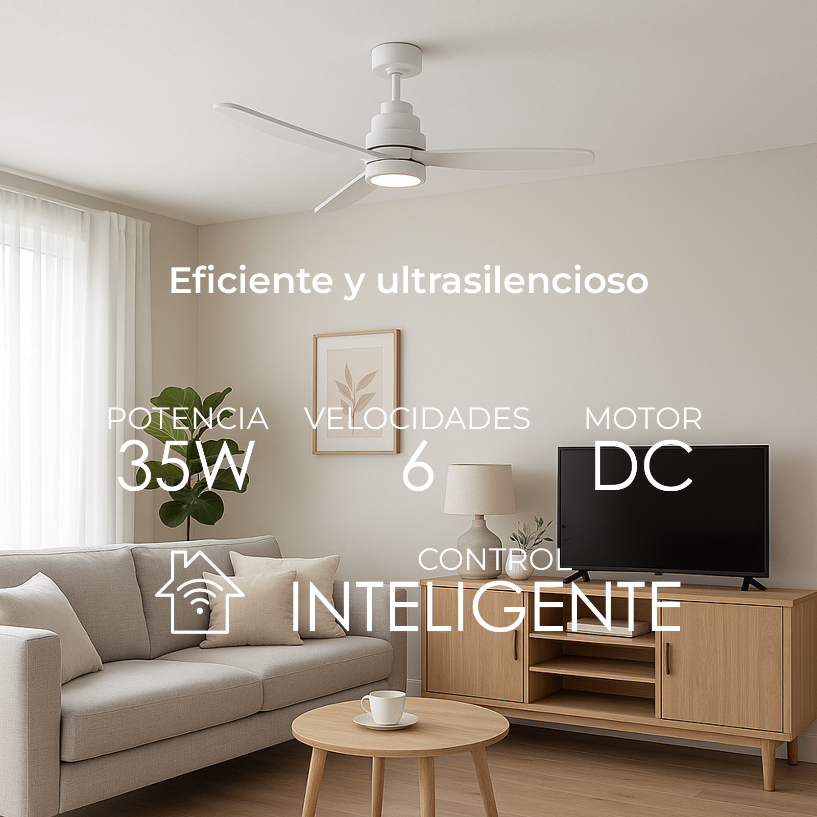 Un ventilador de techo blanco está centrado. Un salón con sofá, TV y muebles. El texto incluye especificaciones como 35W, 6 velocidades.