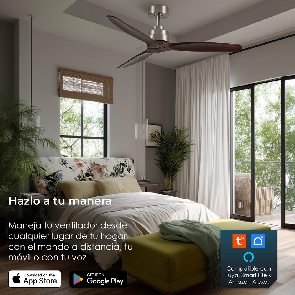 Dormitorio con ventilador de techo, cama y ventana. El texto dice 'Hazlo a tu manera' y menciona el control remoto y la compatibilidad con el hogar inteligente.