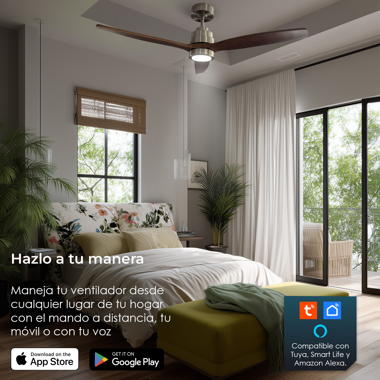 Escena de dormitorio con ventilador de techo, cama, ventana y logotipos de integración de hogar inteligente. El texto dice: Hazlo a tu manera.