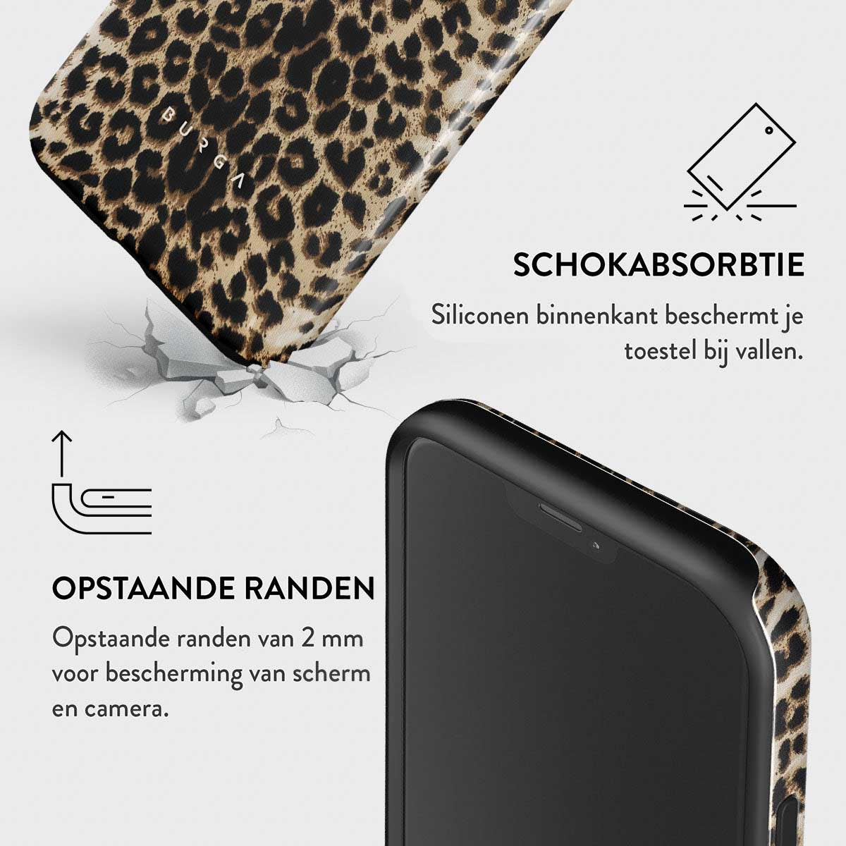 Telefoonhoesje met luipaardprint. Verhoogde randen voor scherm- en camerabescherming. Tekst: 'Schokabsorptie'.