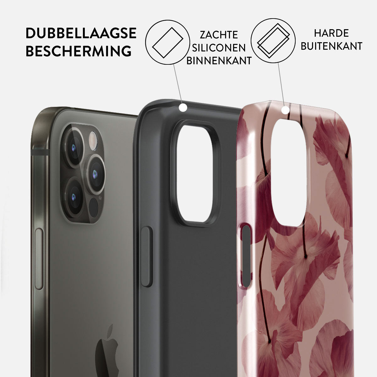 Afbeelding toont een telefoonhoesje met drie lagen: telefoon, zwart siliconen en bloemprint buitenkant. Labels vermelden dubbellaagse bescherming.