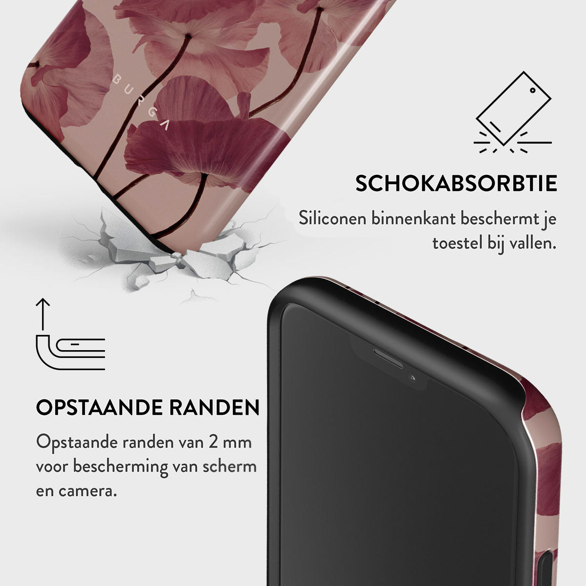 Een telefoonhoesje met een bloemenontwerp wordt getoond, samen met een illustratie die schokabsorptie en verhoogde randen aangeeft.