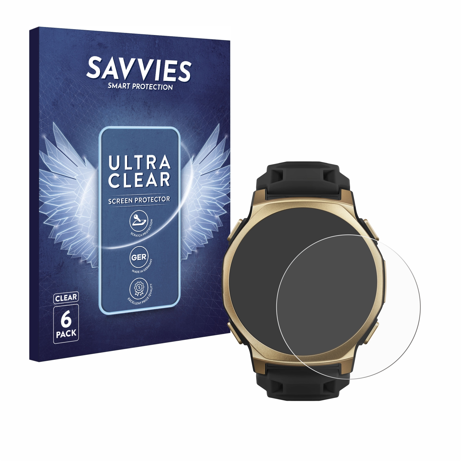 Eine Smartwatch mit Displayschutzfolie und eine Schachtel mit Displayschutzfolien. Auf der Schachtel steht SAVVIES und ULTRA CLEAR.