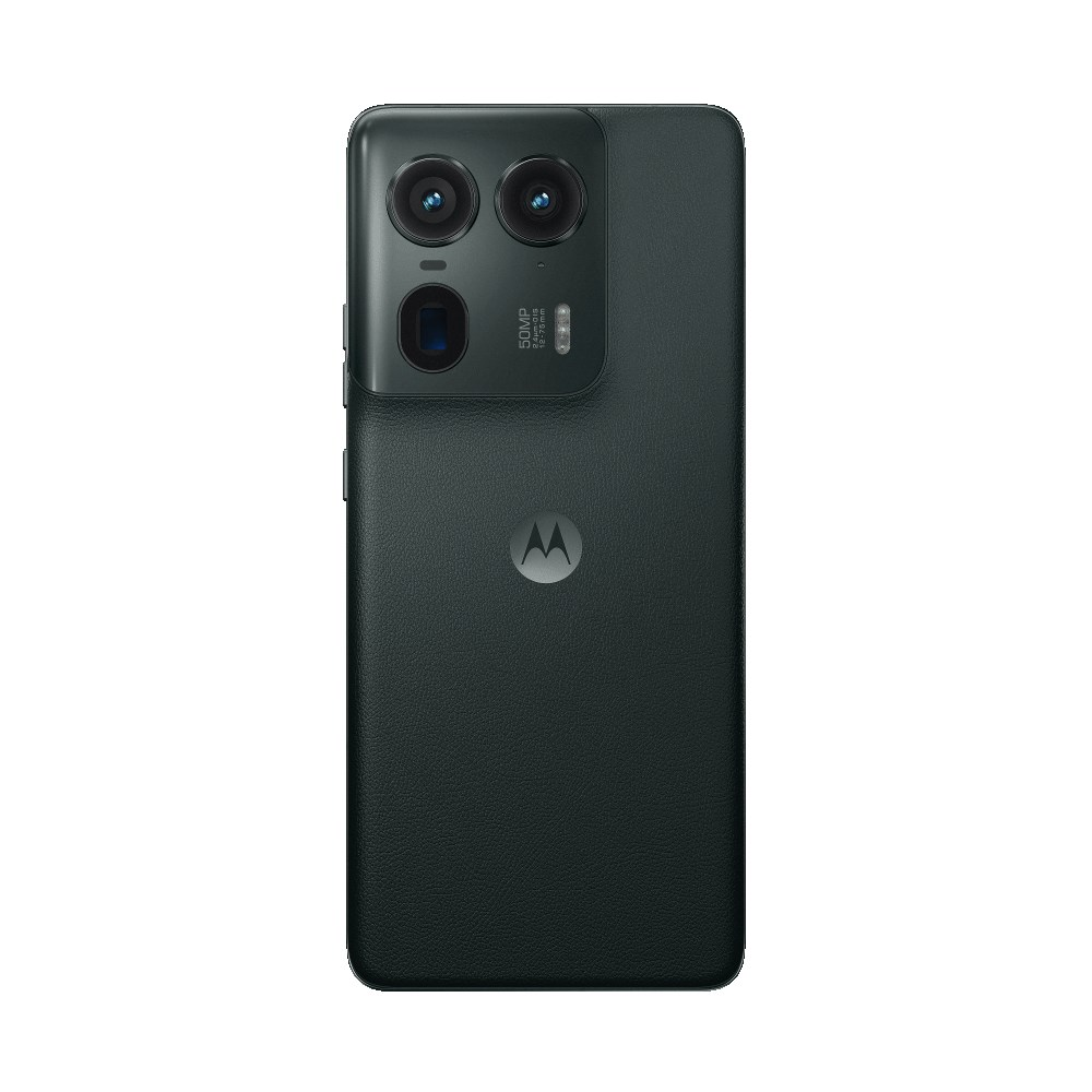 Dunkelgraues Motorola-Telefon, Rückseite. Es hat eine Kameragruppe und ein Motorola-Logo. Das Telefon hat eine strukturierte Oberfläche.