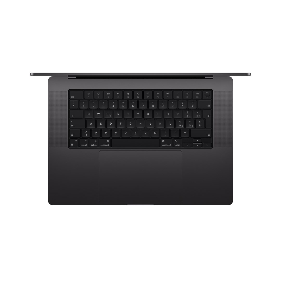 Widok z góry na ciemnoszary laptop. Klawiatura jest widoczna ze wszystkimi klawiszami. Ekran jest otwarty. Gładzik znajduje się pod klawiaturą.