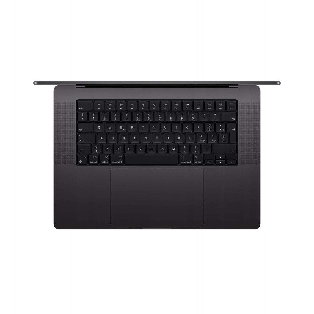Widok z góry na ciemnoszary laptop. Klawiatura jest w centrum uwagi, pokazując klawisze i touchpad poniżej. Ekran jest otwarty.
