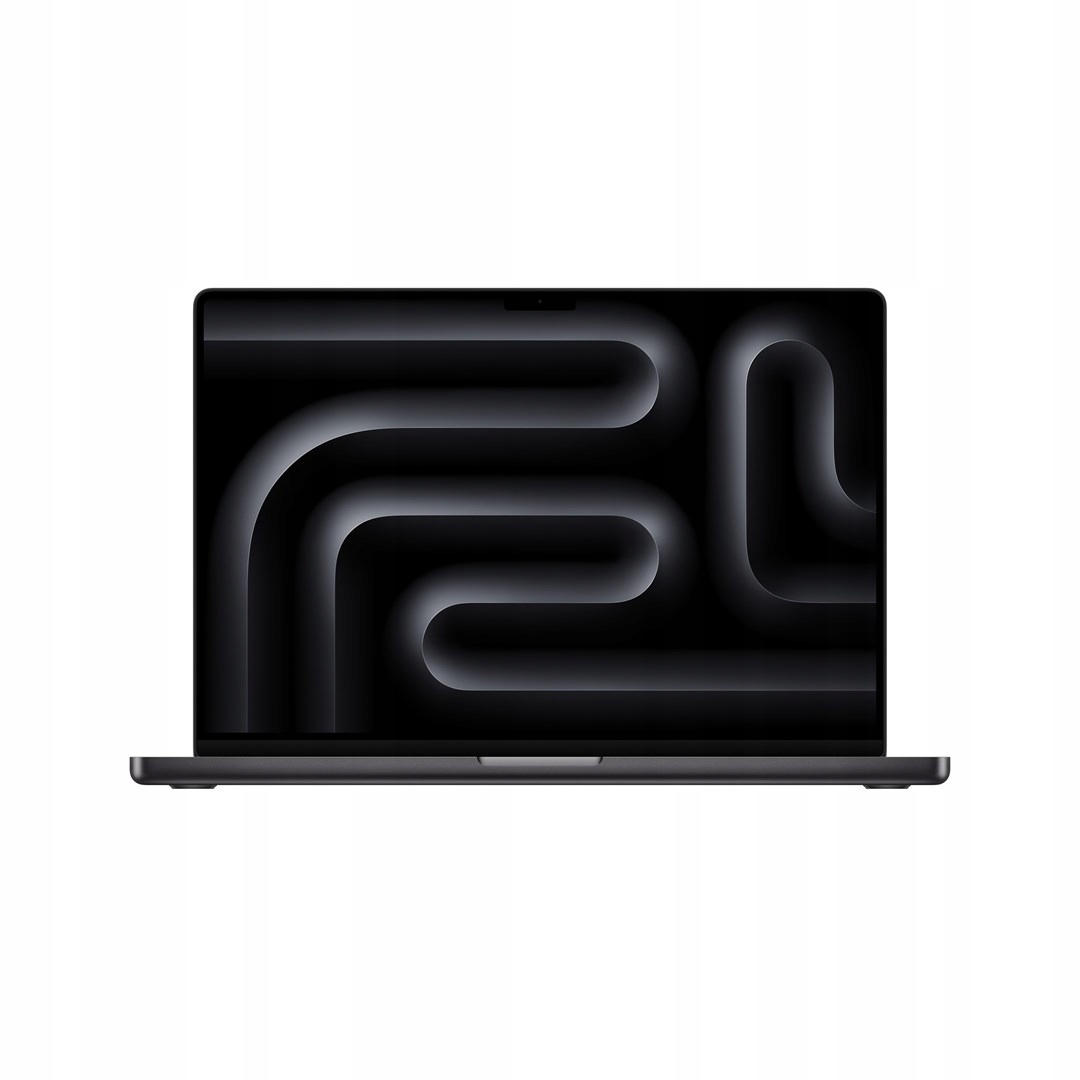 Zamknięty, ciemnoszary laptop na białym tle. Ekran wyświetla czarny, abstrakcyjny wzór.