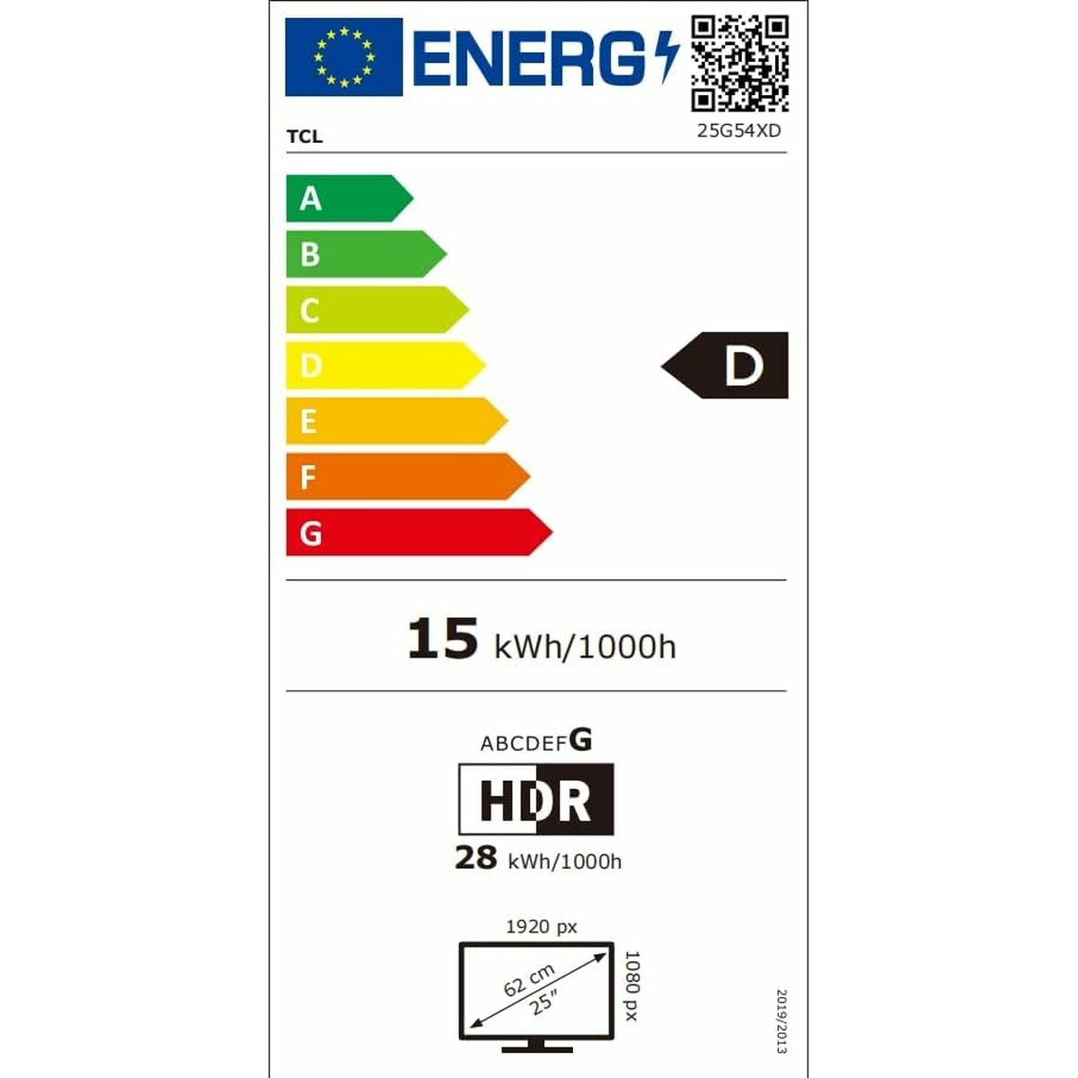 Etykieta energetyczna dla telewizora TCL. Wyświetla klasyfikacje efektywności energetycznej, zużycie energii i specyfikacje ekranu. Zawiera ocenę 'D'.