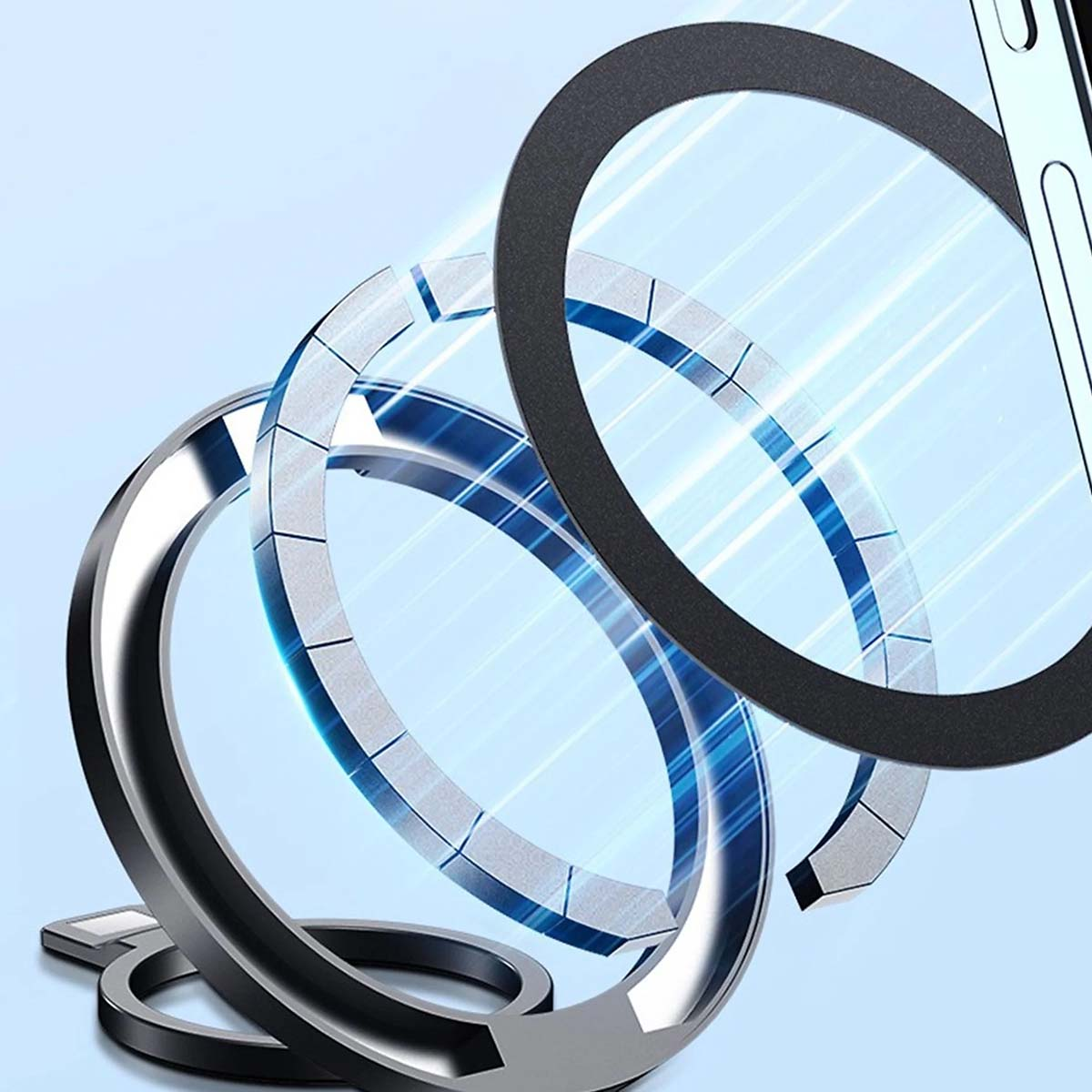 Primo piano di un supporto ad anello per telefono. Ha una base argentata e un anello nero. Strisce di luce blu sullo sfondo.