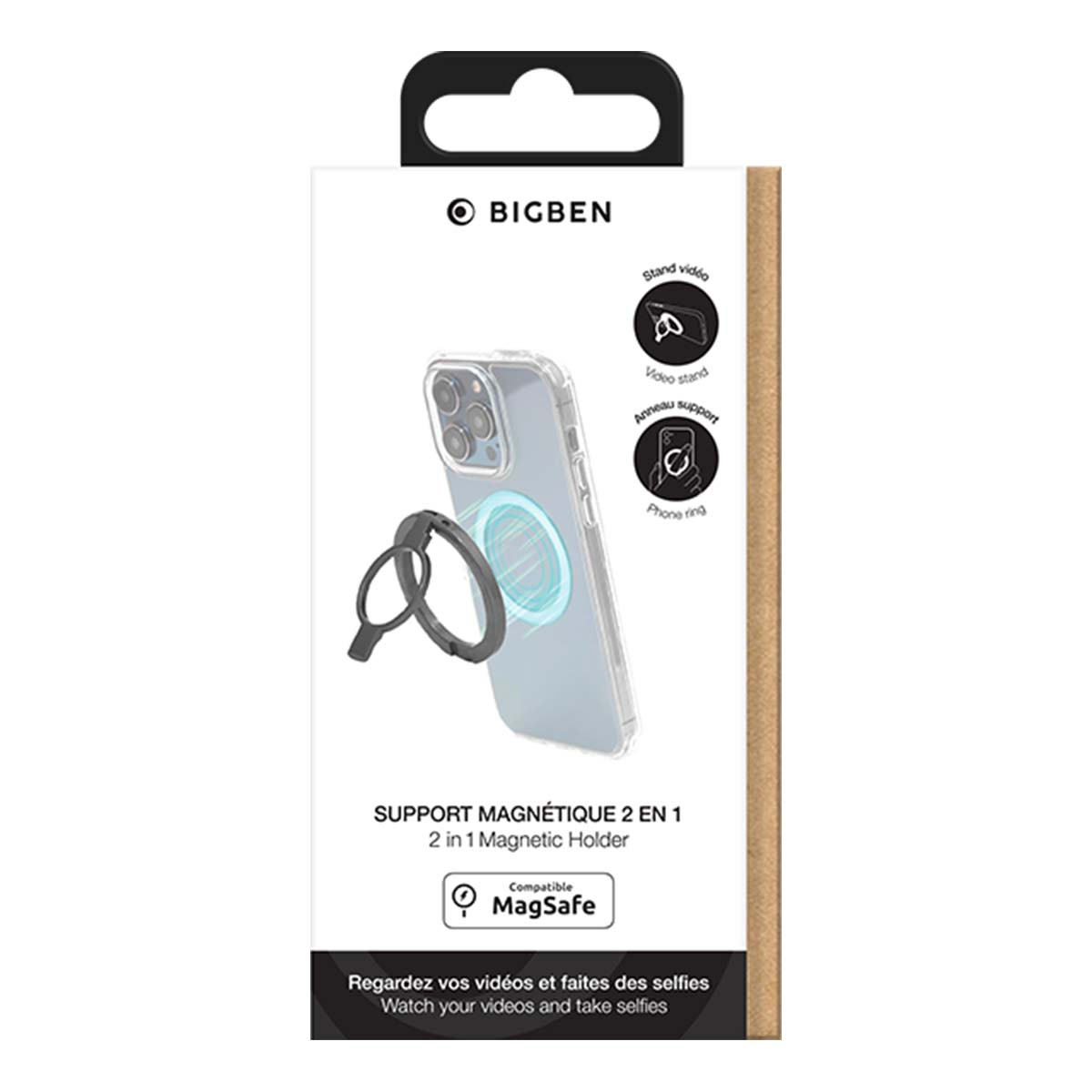 Una scatola per supporto telefonico con telefono, anello e testo: 2 in 1 Magnetic Holder Compatible MagSafe. Il marchio è Bigben.