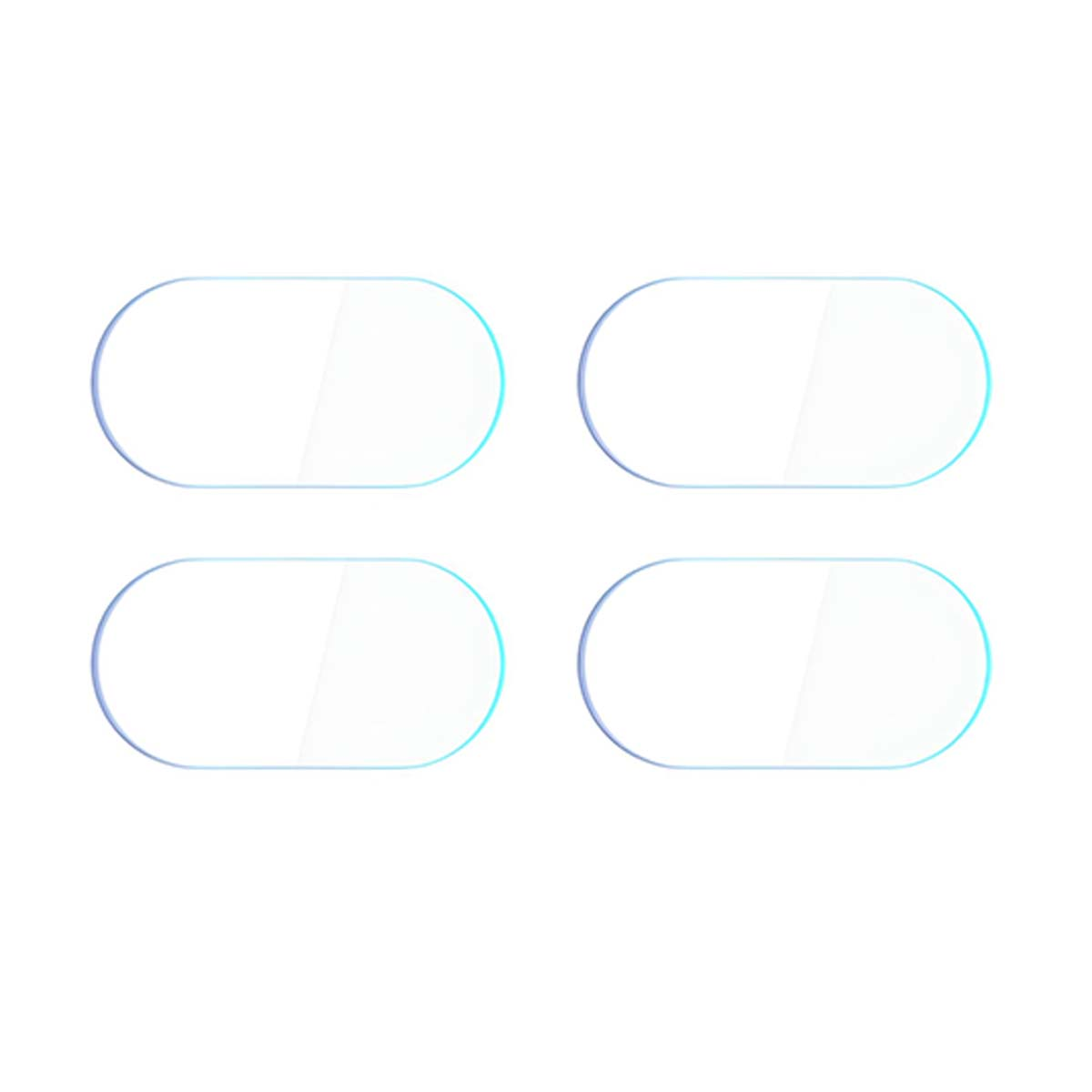 Cztery białe, zaokrąglone prostokąty ułożone w siatkę 2x2. Każdy ma niebieski kontur i subtelnie zacienione wnętrze.