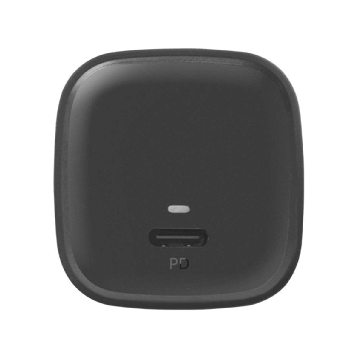 Un dispositivo nero quadrato e arrotondato con una porta USB-C e una piccola spia. Le lettere "PD" sono sotto la porta.