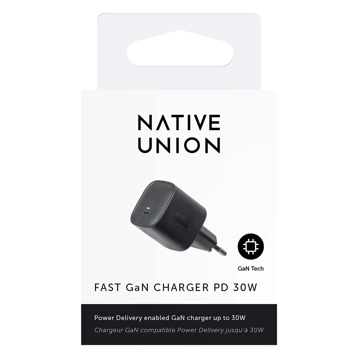 Caricabatterie GaN nero Native Union nella confezione. Testo: Fast GaN Charger PD 30W. Include l'icona GaN Tech. Sfondo bianco.