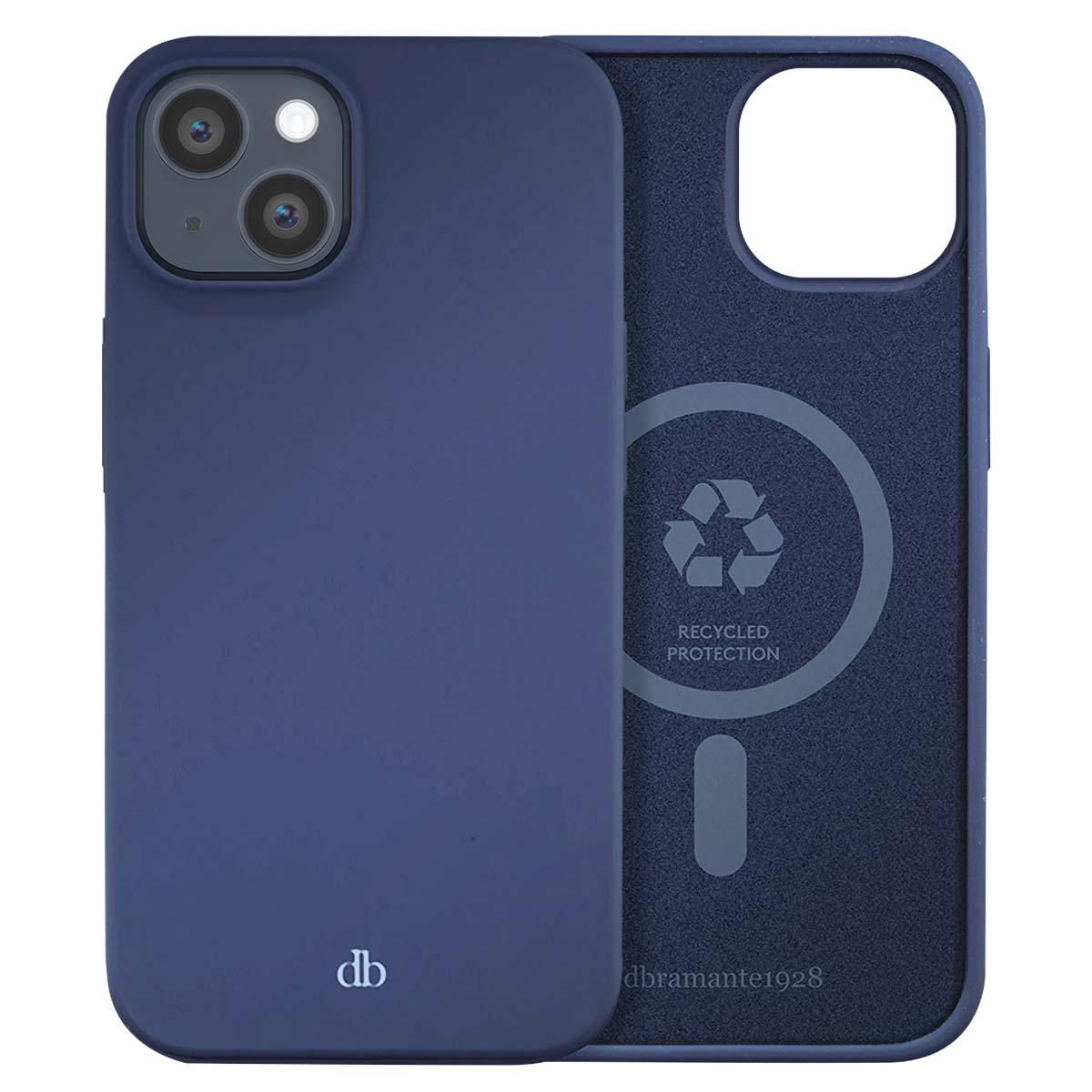 Una custodia blu navy e il suo interno, con un simbolo di riciclaggio e le parole 'protezione riciclata'.