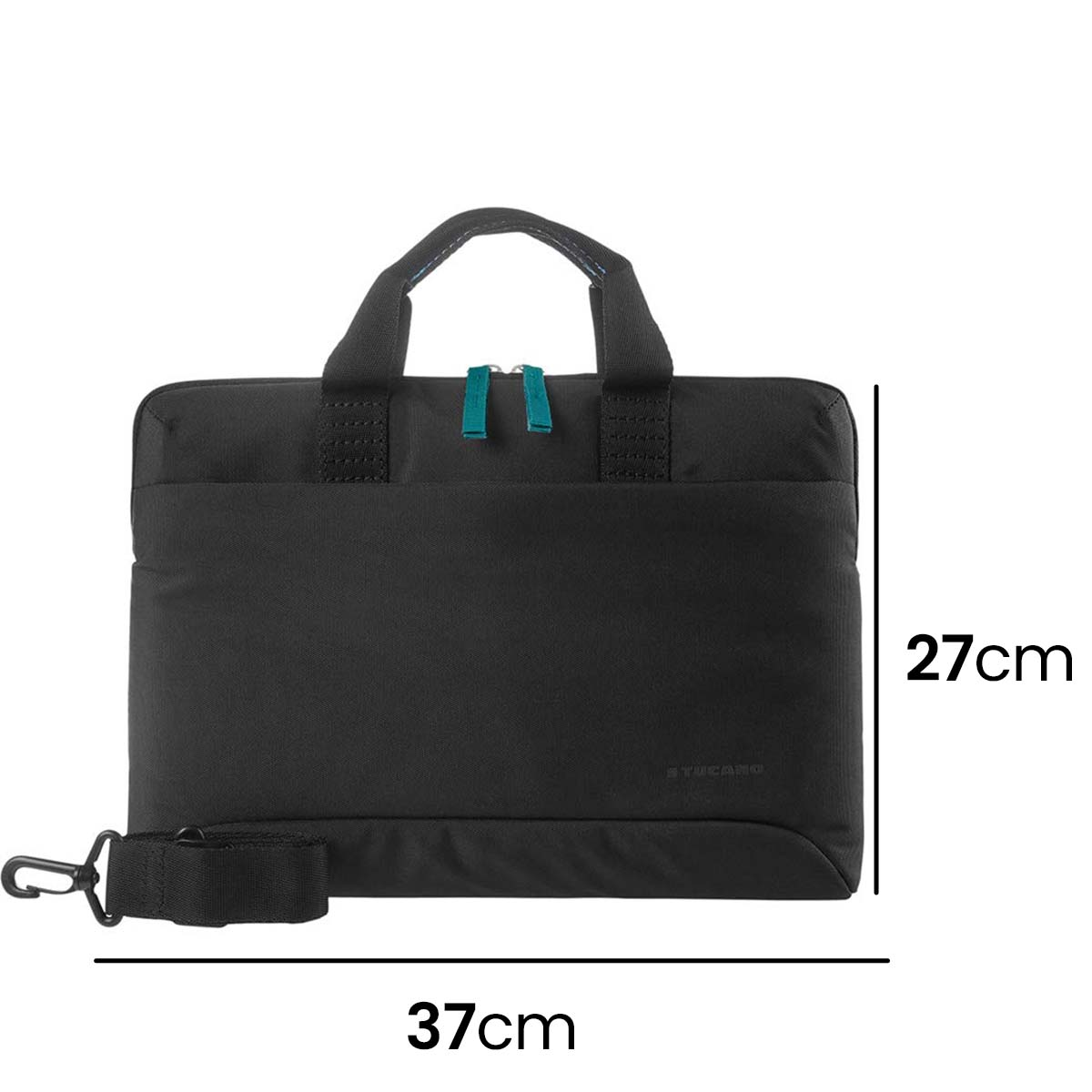 Sacoche noire pour ordinateur portable avec poignée et bandoulière. Dimensions : 37 cm de large et 27 cm de haut. Logo Tucano.