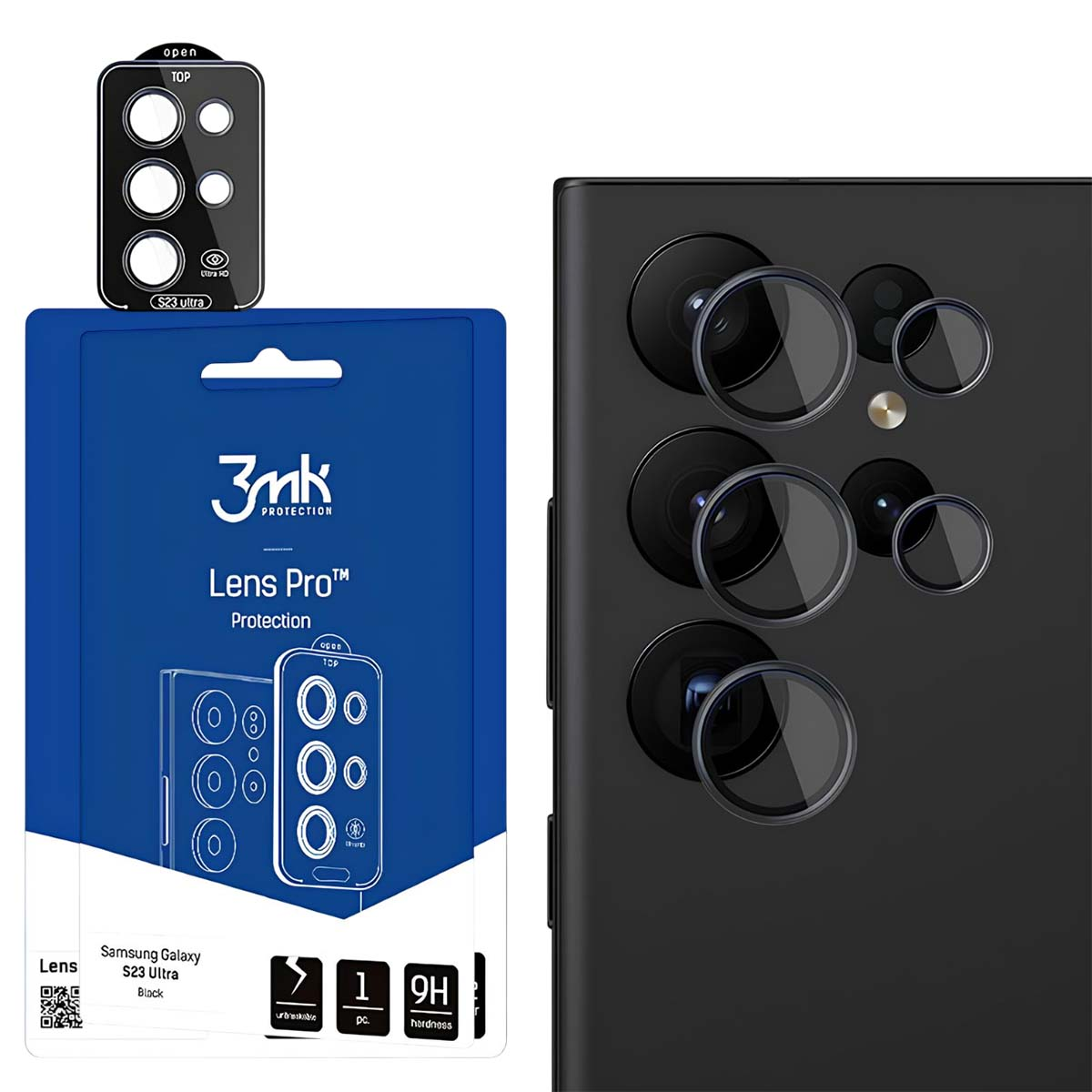 Ochraniacz aparatu w telefonie, telefon i opakowanie. Ochraniacz jest czarny, opakowanie niebieskie, a telefon czarny. Wszystko dla Samsung S23 Ultra.