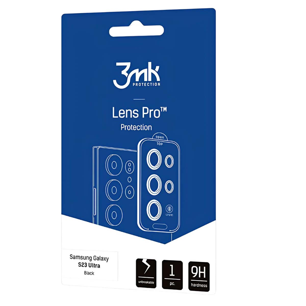 Niebieskie opakowanie 3mk Lens Pro. Wyświetla zarys telefonu i cechy takie jak nietłukący, 1 szt., twardość 9H oraz Samsung Galaxy S23 Ultra.
