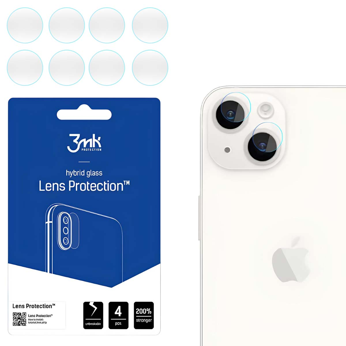 L'immagine mostra protezioni per lenti, un telefono e l'imballaggio. Le protezioni sono trasparenti, il telefono è bianco e l'imballaggio è blu.