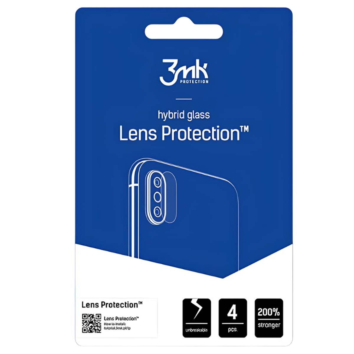 Una confezione blu che mostra una protezione per l'obiettivo della fotocamera del telefono. Il testo include 'Lens Protection', 'infrangibile' e '4 pezzi'.