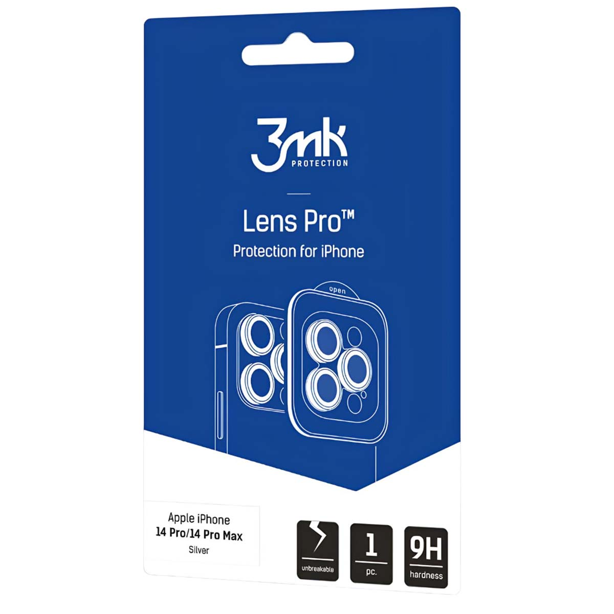 Niebieskie opakowanie z '3mk Lens Pro' do iPhone. Zawiera osłonę obiektywu, nietłukącą, twardość 9H. Pokazano srebrny model iPhone.