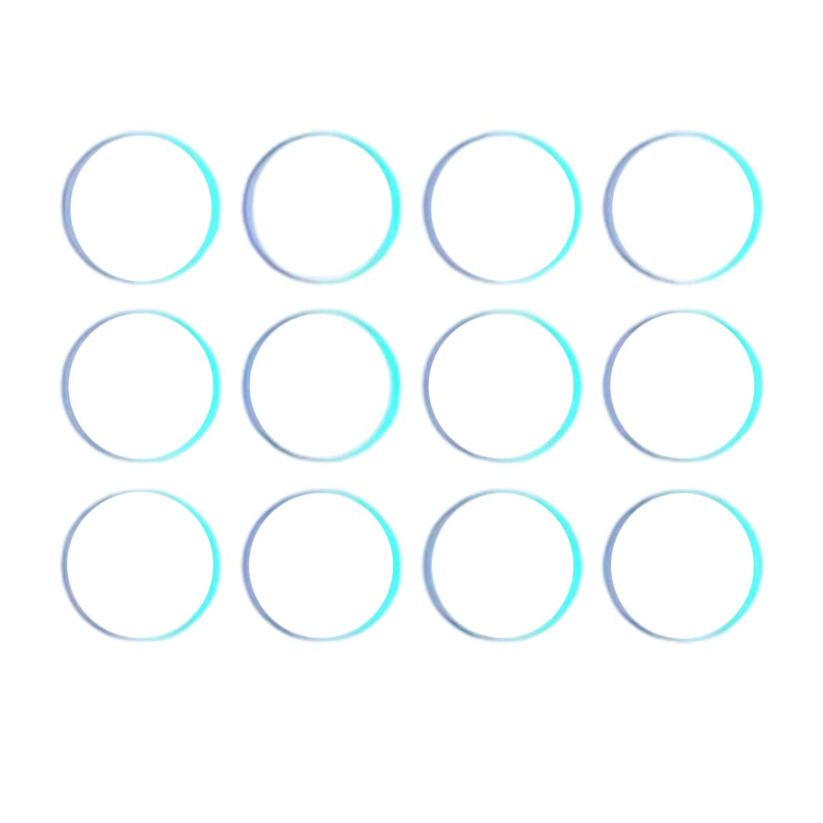 Dwanaście kół ułożonych w siatkę. Każde koło ma białe wypełnienie z niebieskim i cyjanowym obrysem na białym tle.