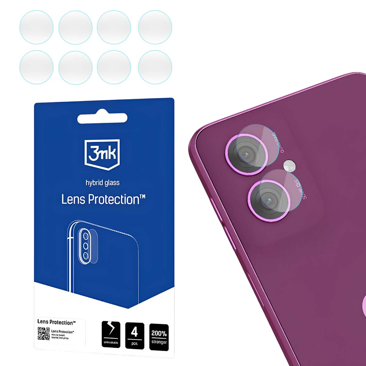 Uno smartphone con protezioni per lenti, confezione con il marchio e adesivi per la protezione delle lenti. Il telefono è viola.