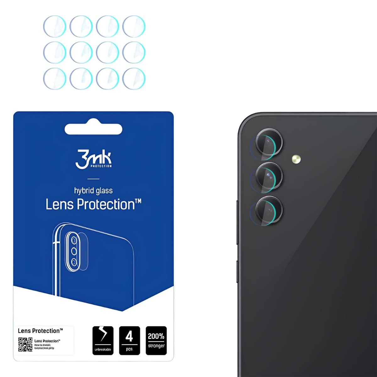 Telefon z osłonami obiektywu i opakowanie Lens Protection. Opakowanie zawiera obraz telefonu i tekst: hybrydowa ochrona obiektywu.