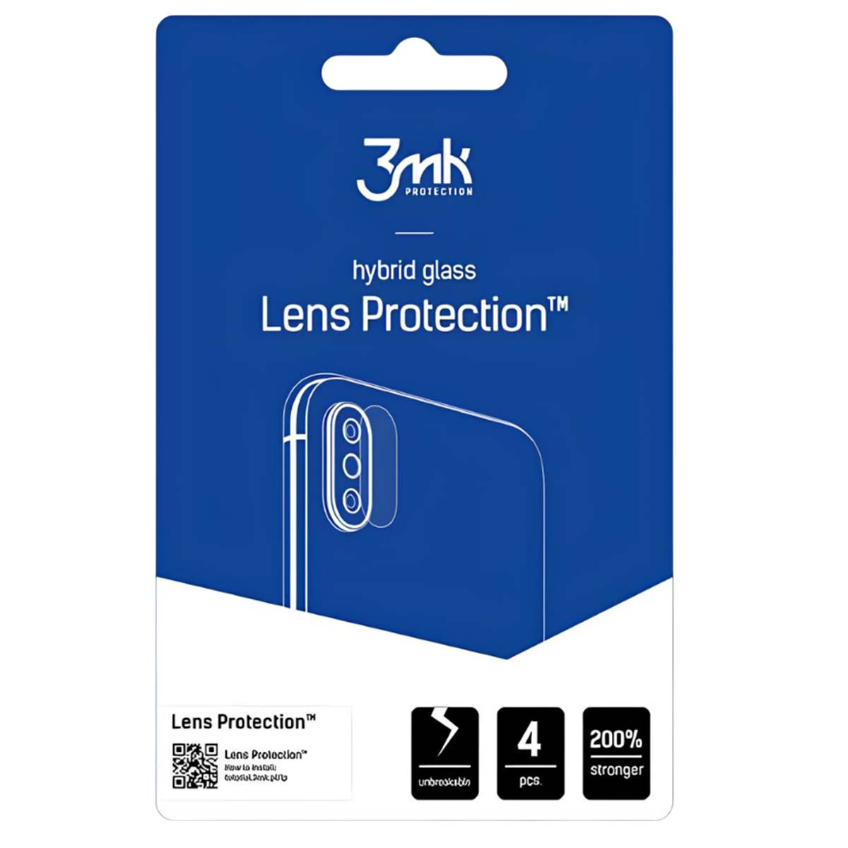 Niebieskie opakowanie na osłonę obiektywu telefonu. Zawiera markę '3mk', nazwę produktu 'Lens Protection' i inne szczegóły.