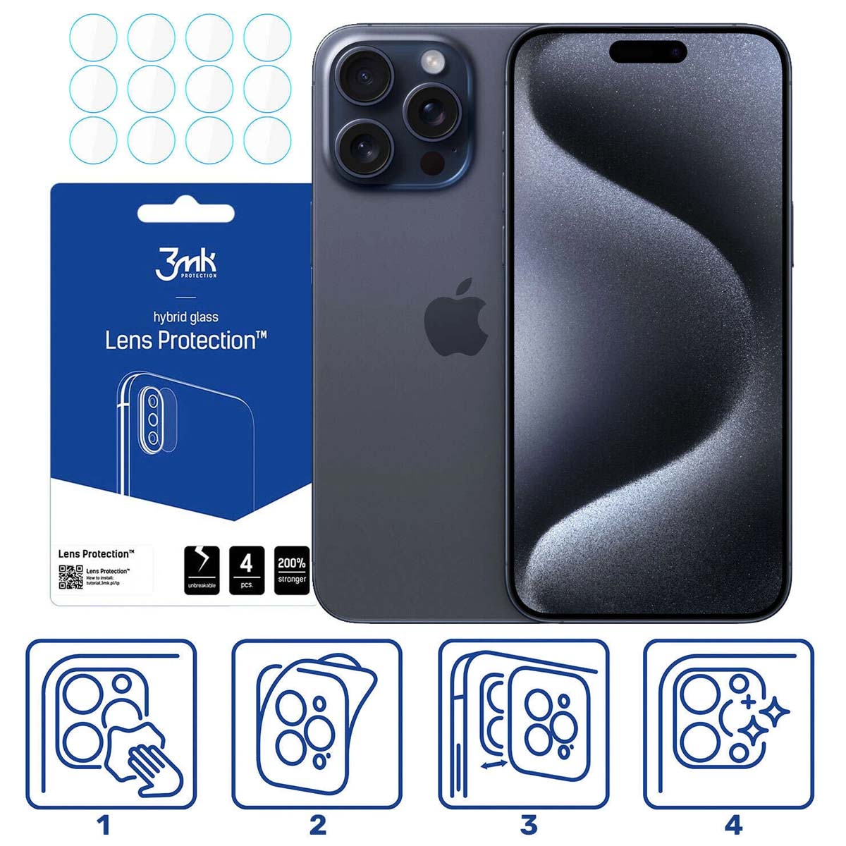Een iPhone met een schermbeschermerset. De set bevat lensbeschermers, een blauwe verpakking en installatiestappen.
