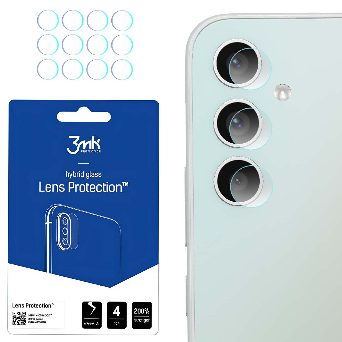Un telefono con lenti della fotocamera. Un pacchetto blu con protezione delle lenti e il marchio 3mk. Sono visibili anche cerchi protettivi.