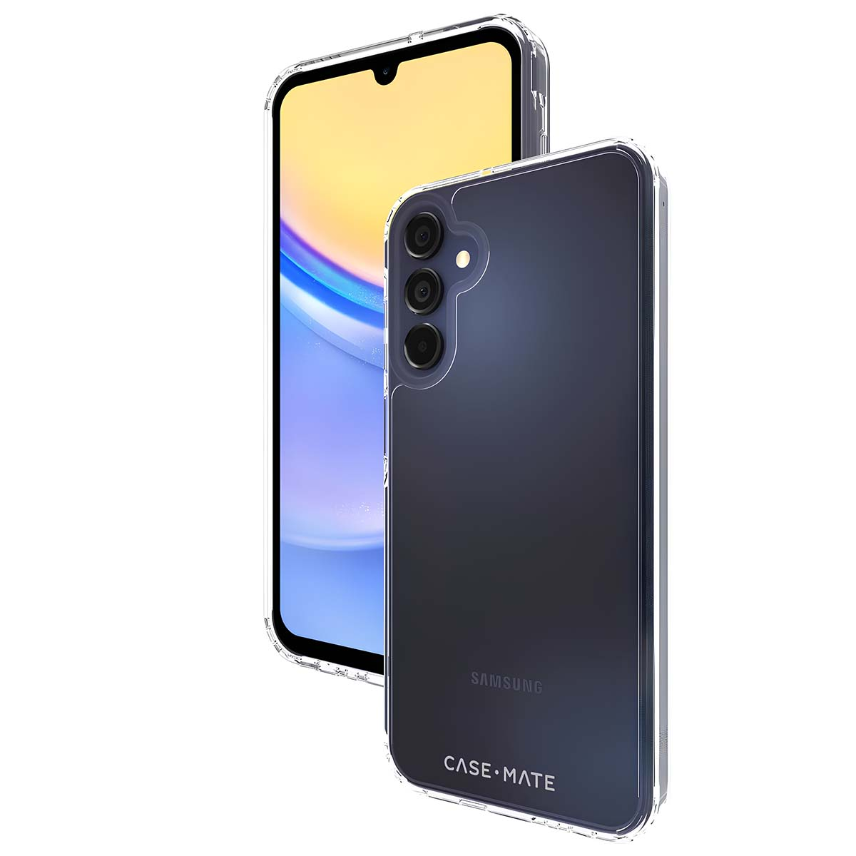 Due smartphone in custodie trasparenti. Uno mostra lo schermo, l'altro il retro. Loghi Samsung e Case Mate visibili.