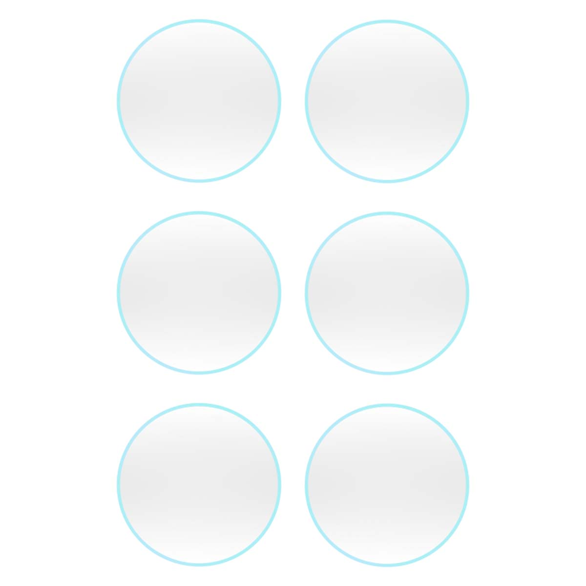 Six cercles blancs avec des contours bleu clair sont disposés en deux rangées de trois sur fond blanc.