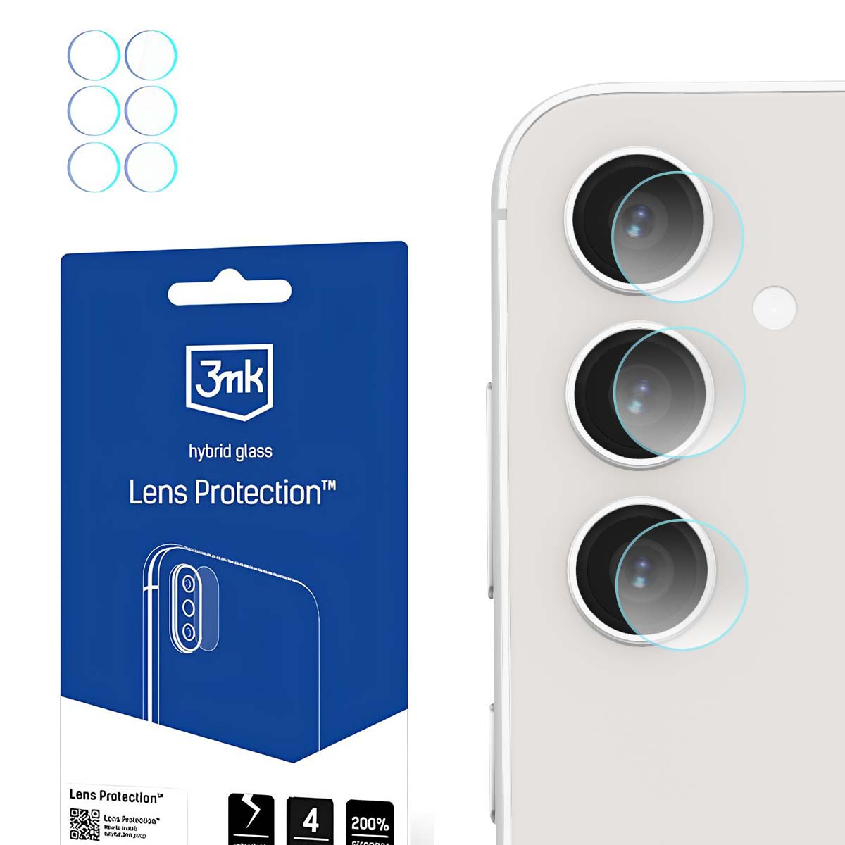 Un telefono con protezioni per lenti applicate. Sulla sinistra c'è una confezione 3mk Lens Protection. Il telefono ha tre obiettivi.