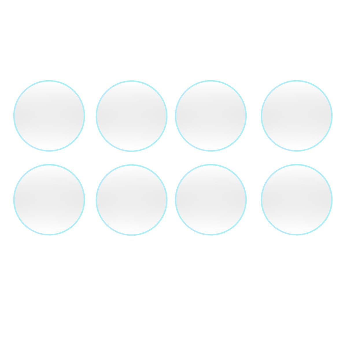 Osiem białych okręgów z jasnoniebieskimi obrysami ułożonych w dwóch rzędach na białym tle, wzór wizualny.