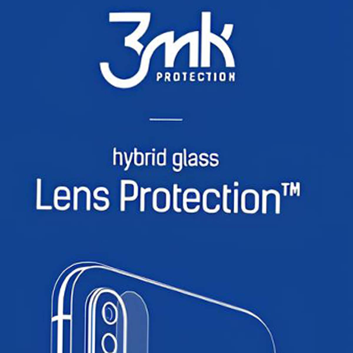 Niebieskie tło z białym tekstem i logo. Logo mówi '3mk PROTECTION'. Tekst brzmi 'hybrid glass Lens Protection™'. Na dole znajduje się zarys telefonu.