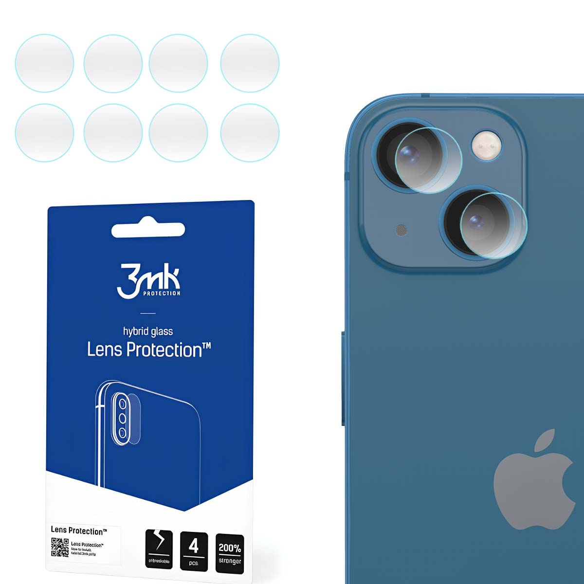Niebieski telefon z osłonami obiektywu i opakowaniem. Opakowanie mówi 'Lens Protection' i ma logo 3mk.