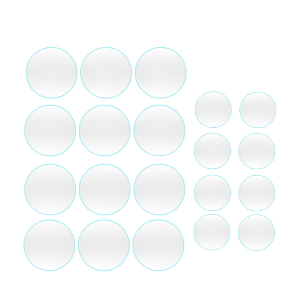 De afbeelding toont meerdere witte cirkels met lichtblauwe contouren, gerangschikt op een witte achtergrond. Er zijn grotere en kleinere cirkels.