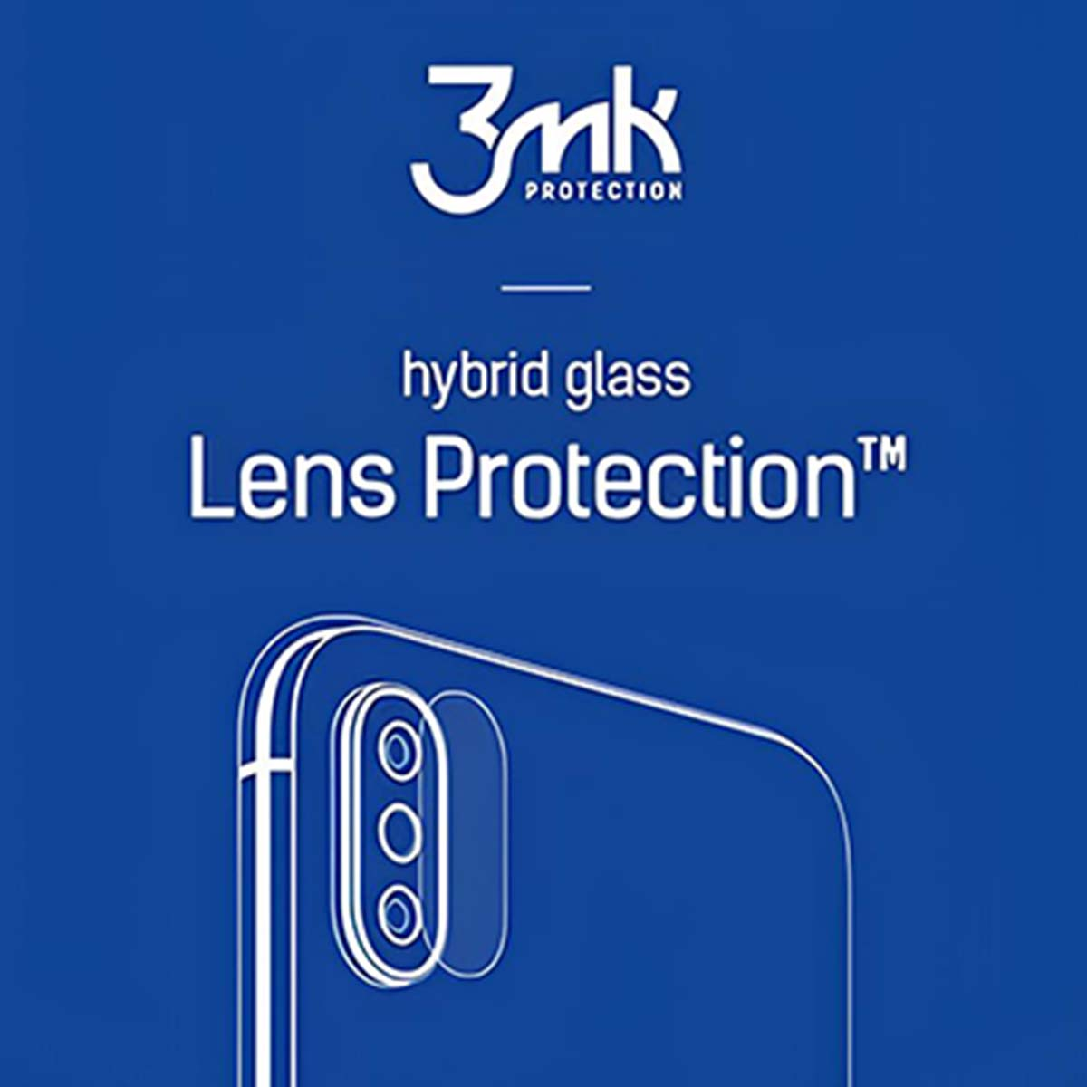 Sfondo blu con testo bianco e contorno telefono. Il testo dice '3mk protection', 'Lens Protection' e 'hybrid glass'.