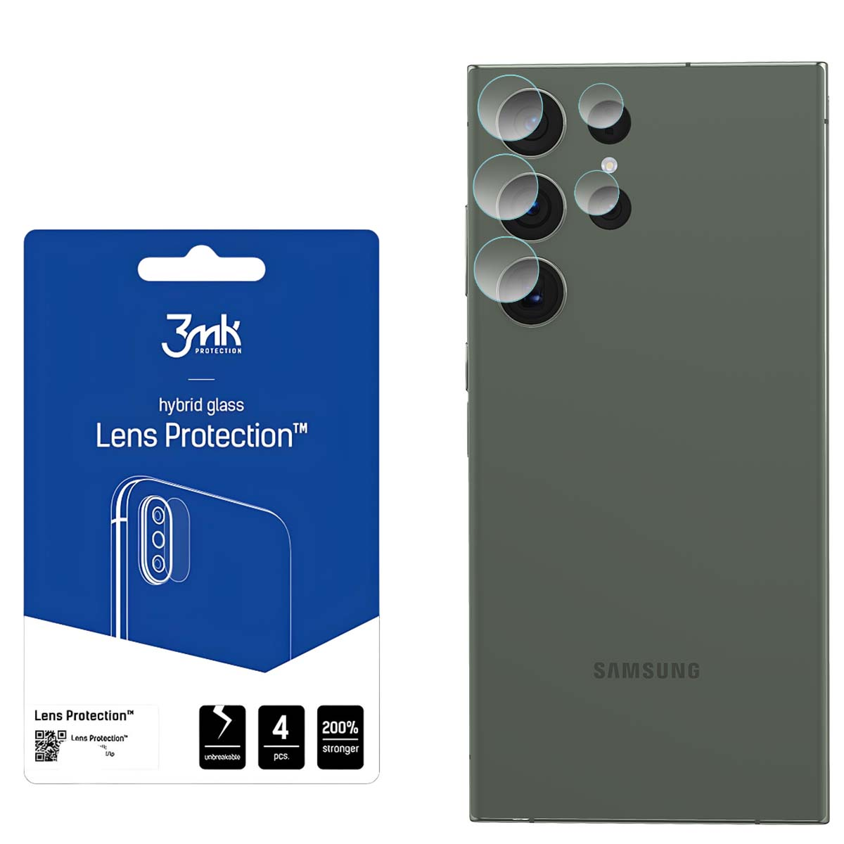 Un telefono e una confezione di protezione per lenti sono mostrati. Il telefono ha protezioni per lenti applicate. La confezione descrive la protezione.