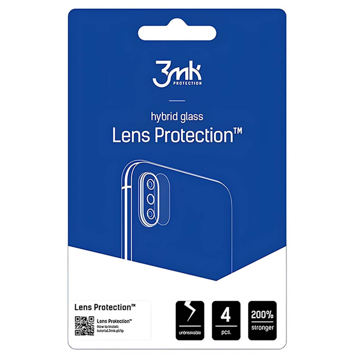 Una confezione blu di 3mk Lens Protection. Mostra un telefono con protezione dell'obiettivo e presenta caratteristiche chiave come infrangibile e più forte.