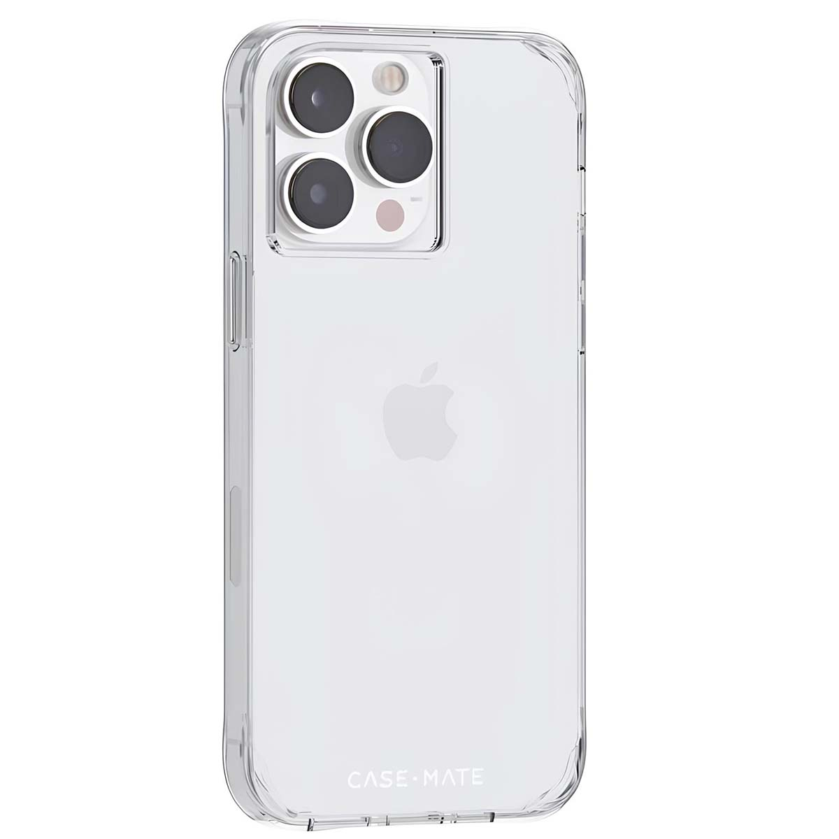 Una funda transparente con un recorte para la cámara. Fondo blanco. El logotipo de Apple es visible en el teléfono.