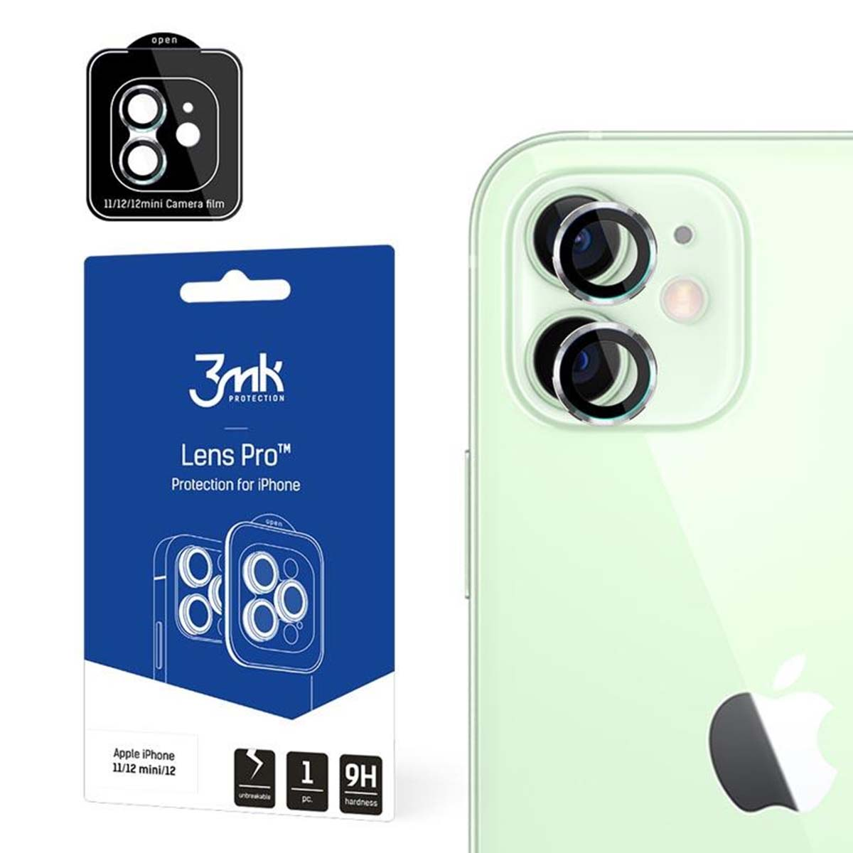 Une photo du produit montre un protecteur d'appareil photo pour téléphone. L'emballage est bleu avec du texte blanc. Un téléphone avec des lentilles d'appareil photo à droite.