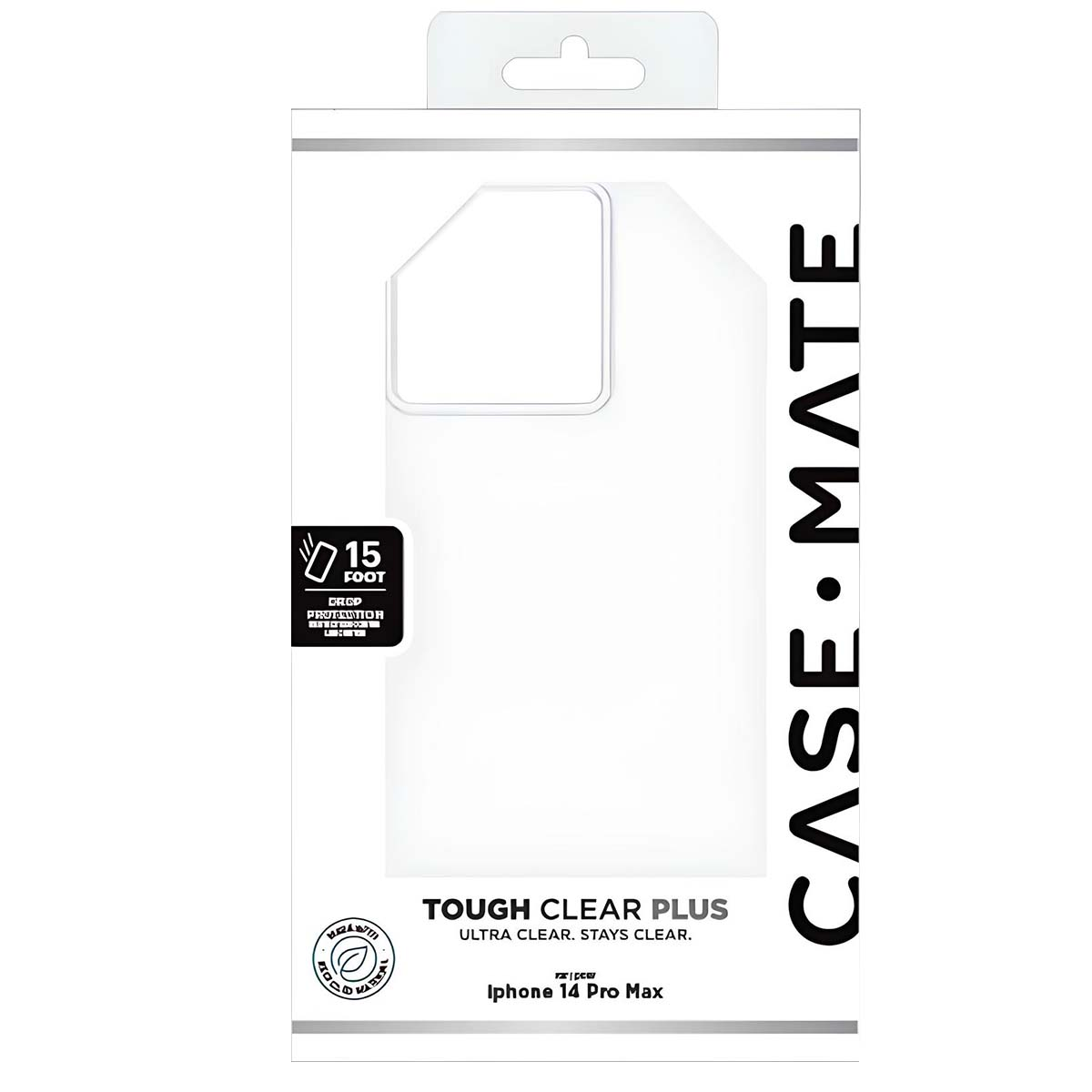 Un empaque de funda para teléfono. El empaque es blanco con texto negro y una ventana transparente. Dice 'Case Mate' y 'Tough Clear Plus'.