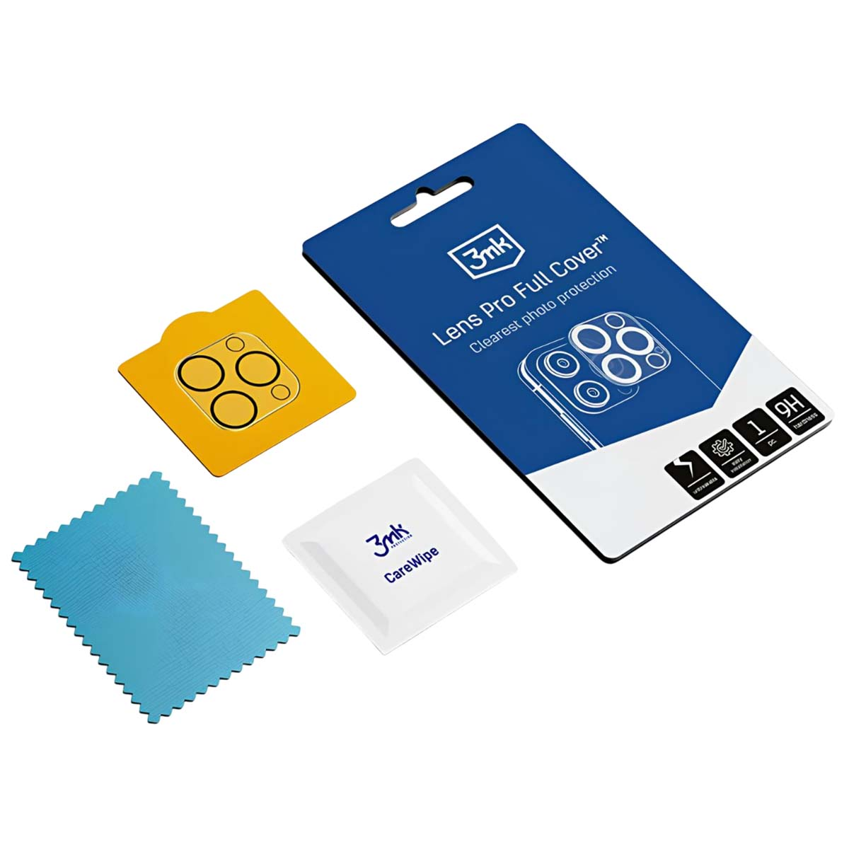 Zestaw ochronny na obiektyw telefonu. Zawiera niebieskie, żółte i białe akcesoria. Pudełko jest niebieskie z białym tekstem.