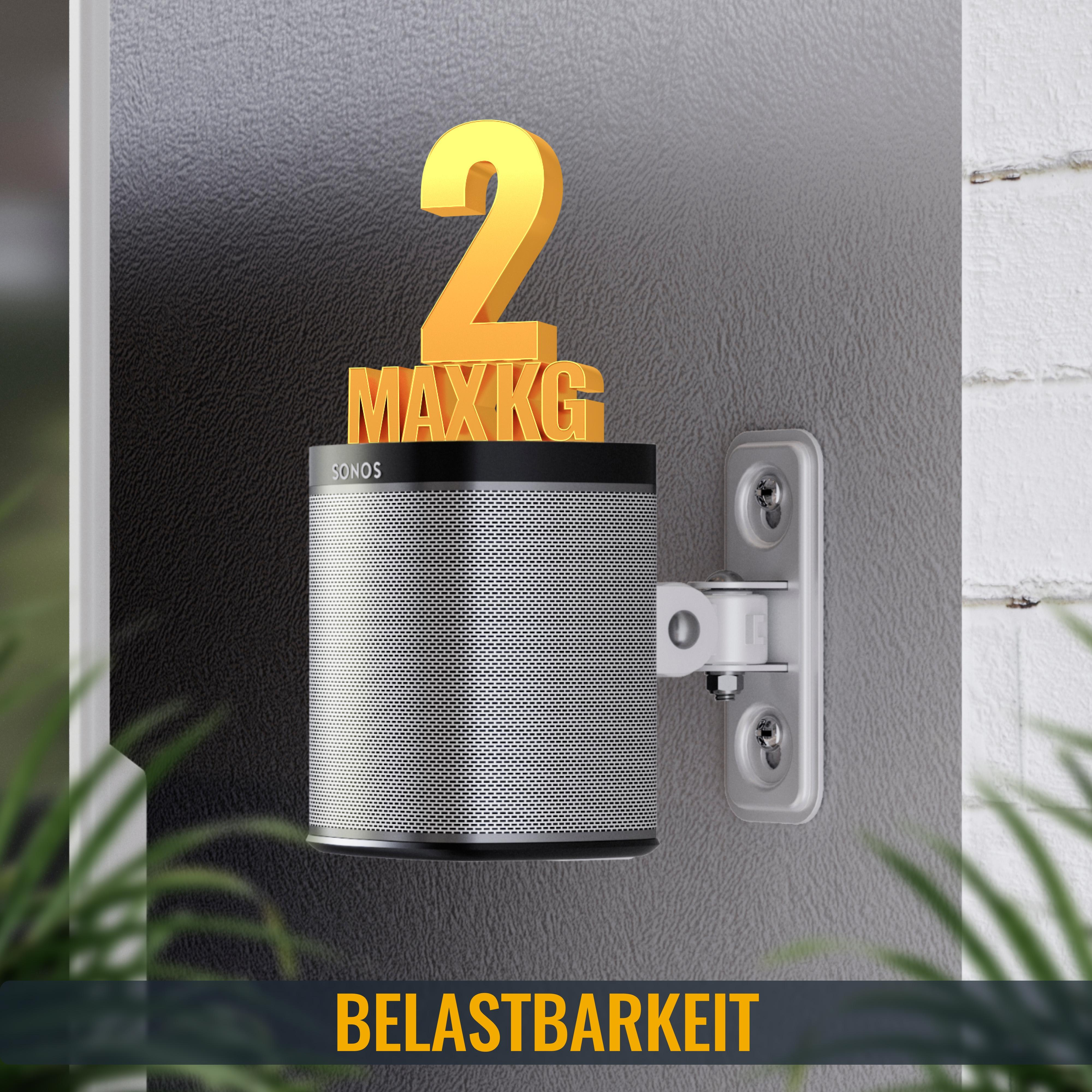 Ein Lautsprecher mit einem goldenen '2 MAX KG'-Schild oben, an einer Wand mit Halterung befestigt. Text 'BELASTBARKEIT' unten.