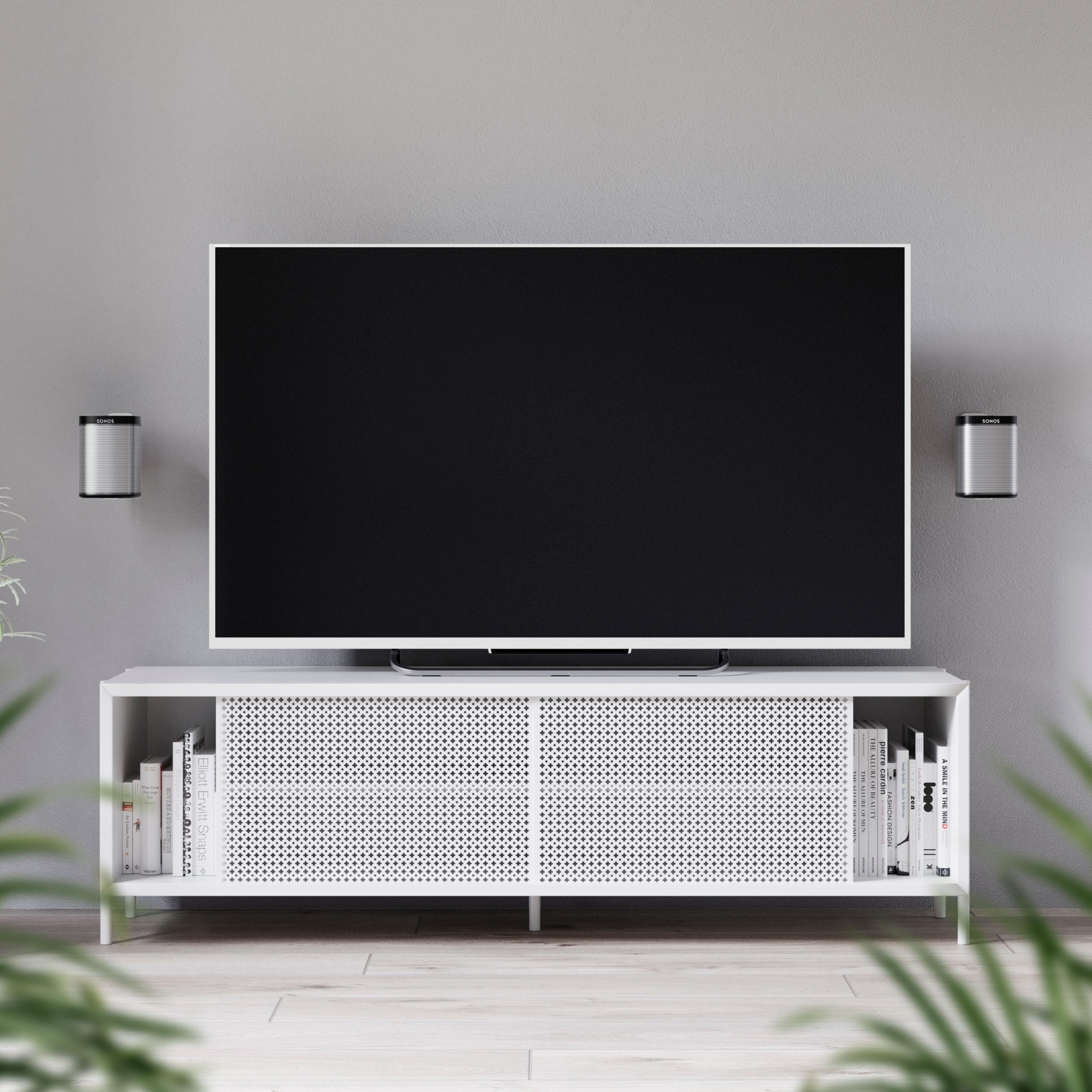 Ein Fernseher auf einem weißen Schrank mit Büchern, Lautsprecher an der Wand und Pflanzen im Vordergrund. Grauer Hintergrund.