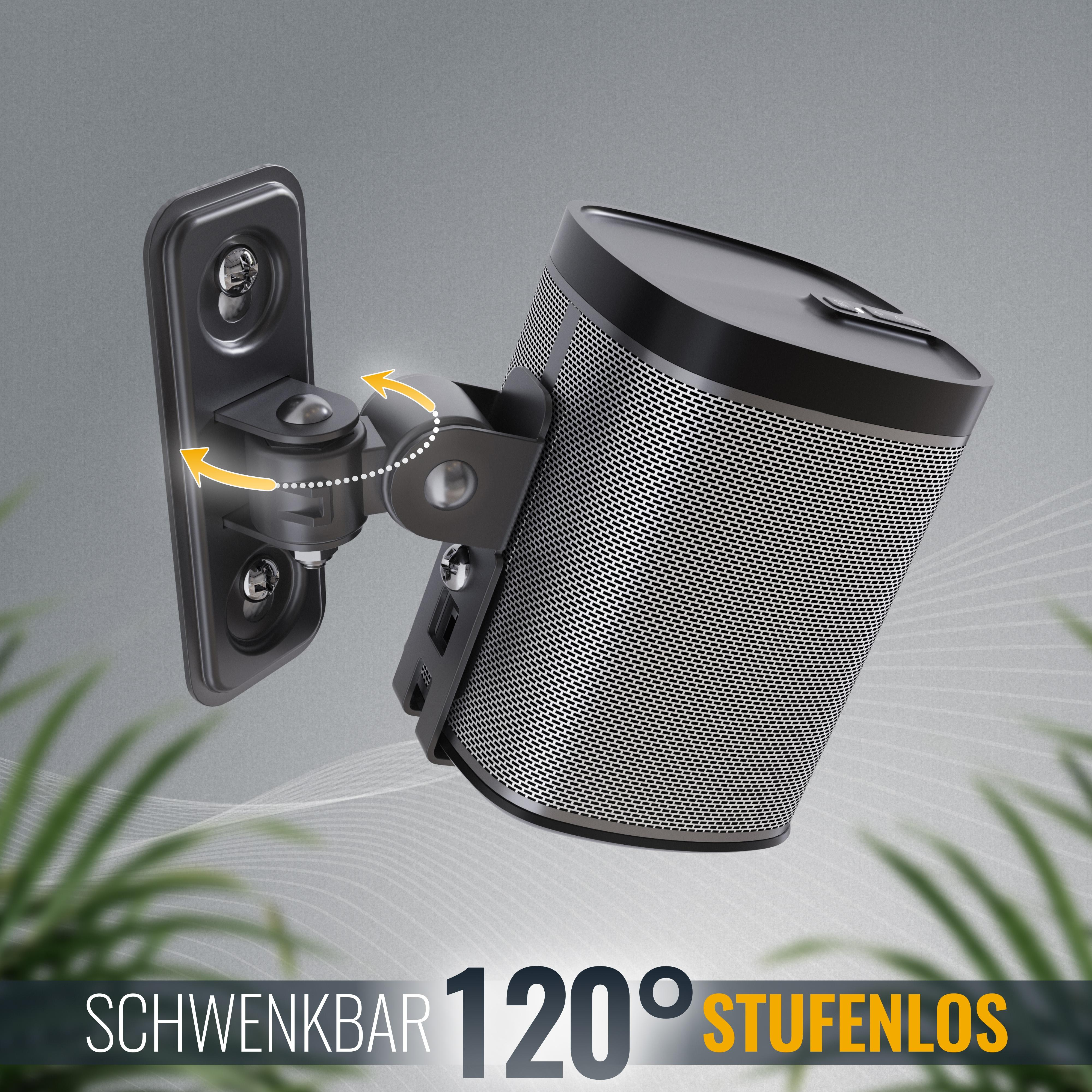 Eine schwarze Lautsprecherhalterung mit einem Lautsprecher mit Mesh-Front. Die Halterung befindet sich auf grauem Hintergrund.