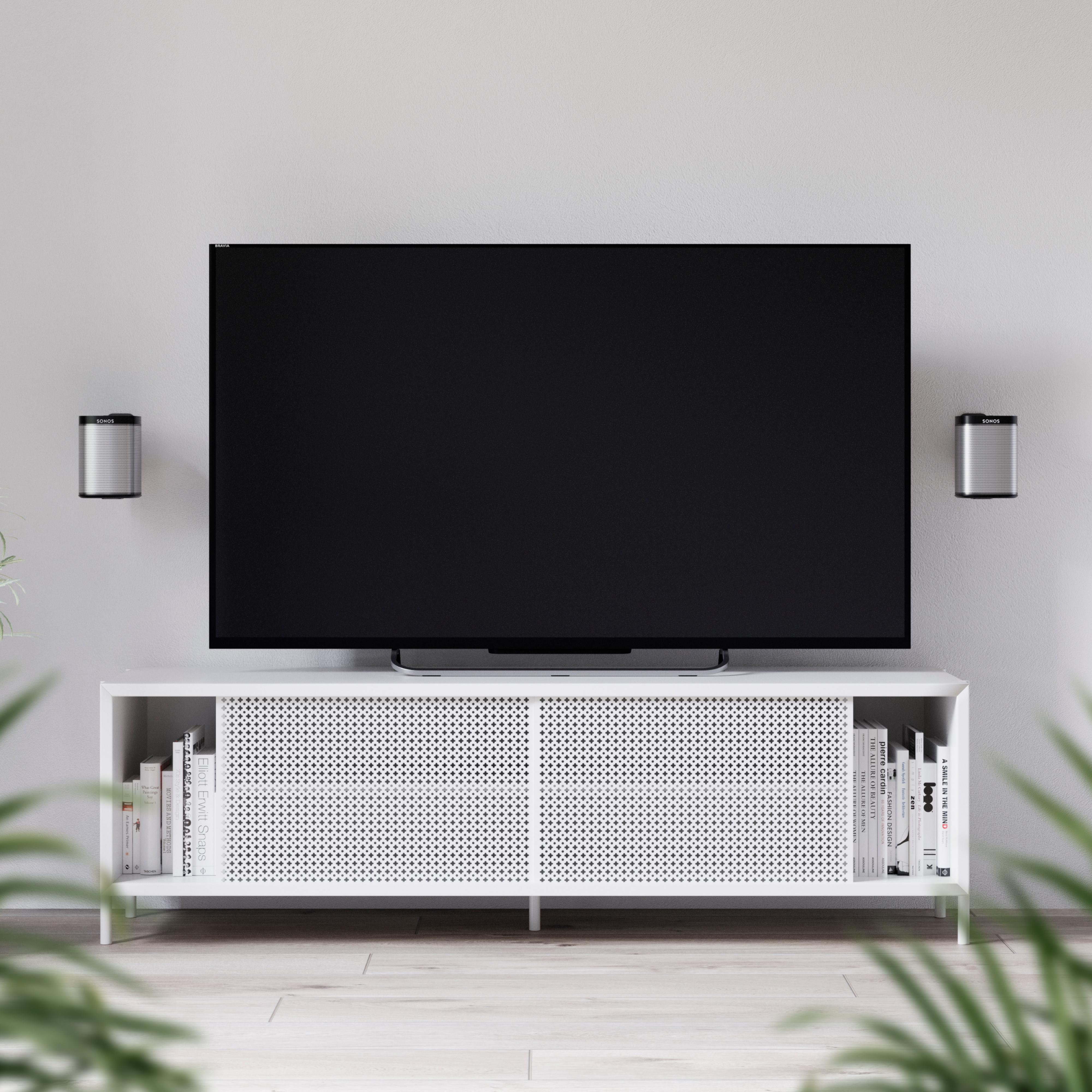Modernes Wohnzimmer mit Fernseher, Lautsprechern, weißem Schrank mit Büchern und grünen Pflanzen.